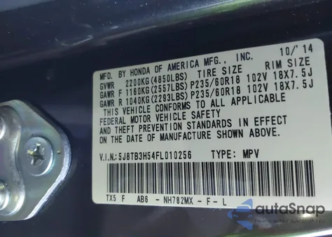 2015 Acura Rdx из США, поврежденный, VIN 5J8TB3H54FL010256